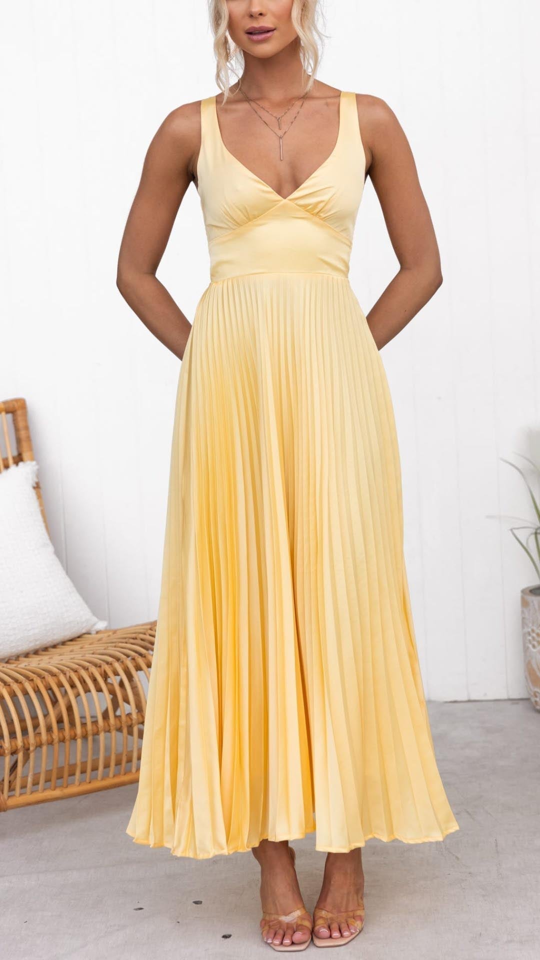 Alma™ | Vestido de Verano Plisado en Amarillo