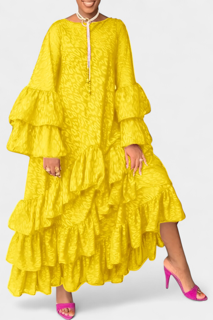 Vestido Maxi Asimétrico Eliselle con Volantes y Mangas de Campana
