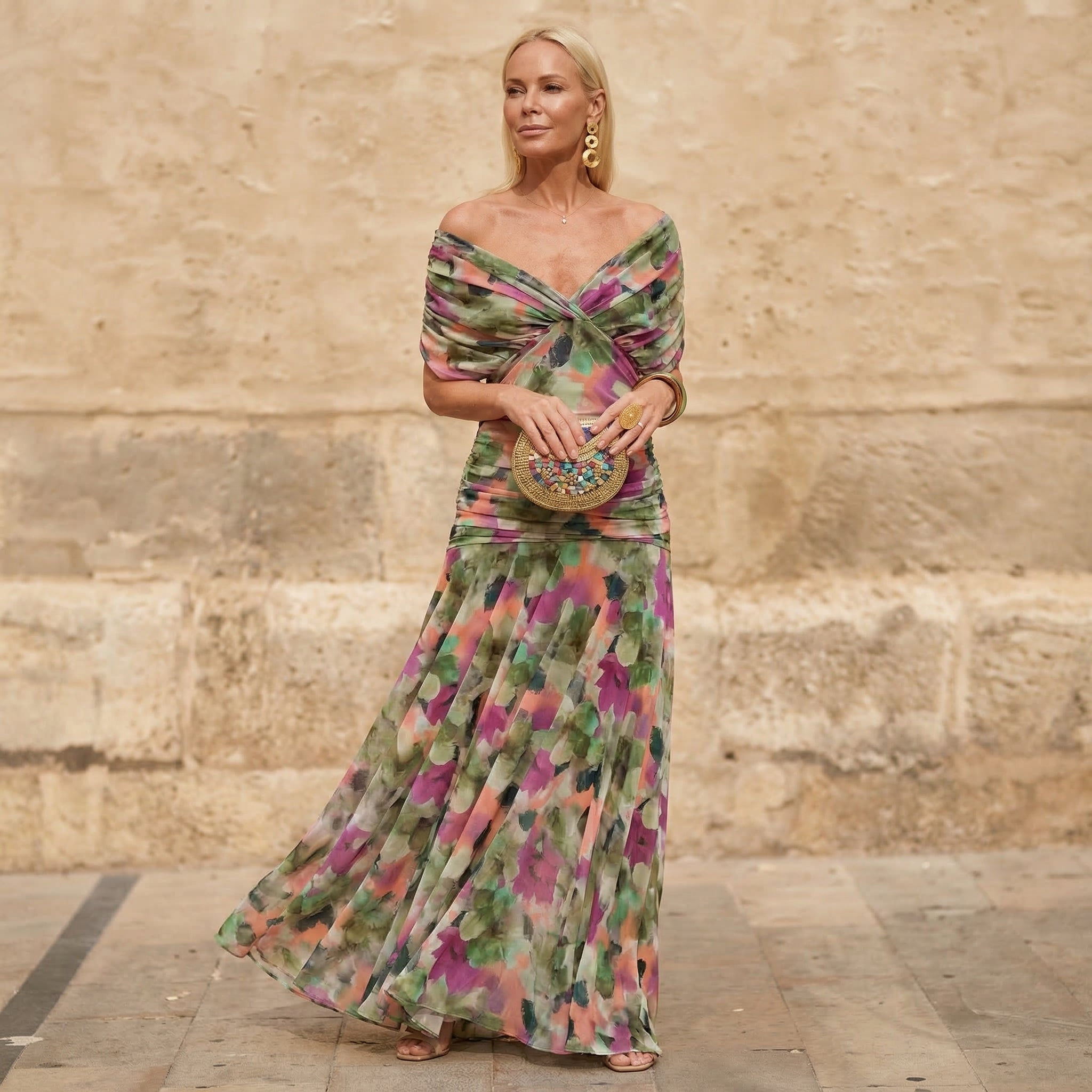 Florendra | Vestido largo floral con escote en V elegante