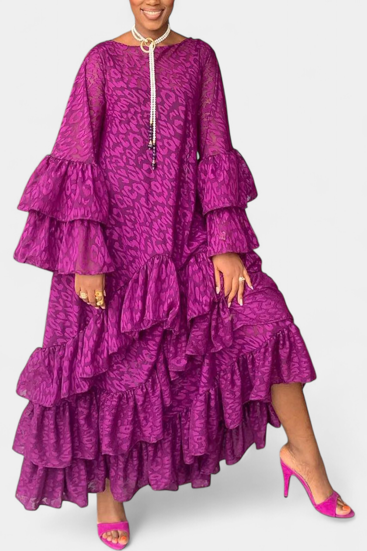 Vestido Maxi Asimétrico Eliselle con Volantes y Mangas de Campana