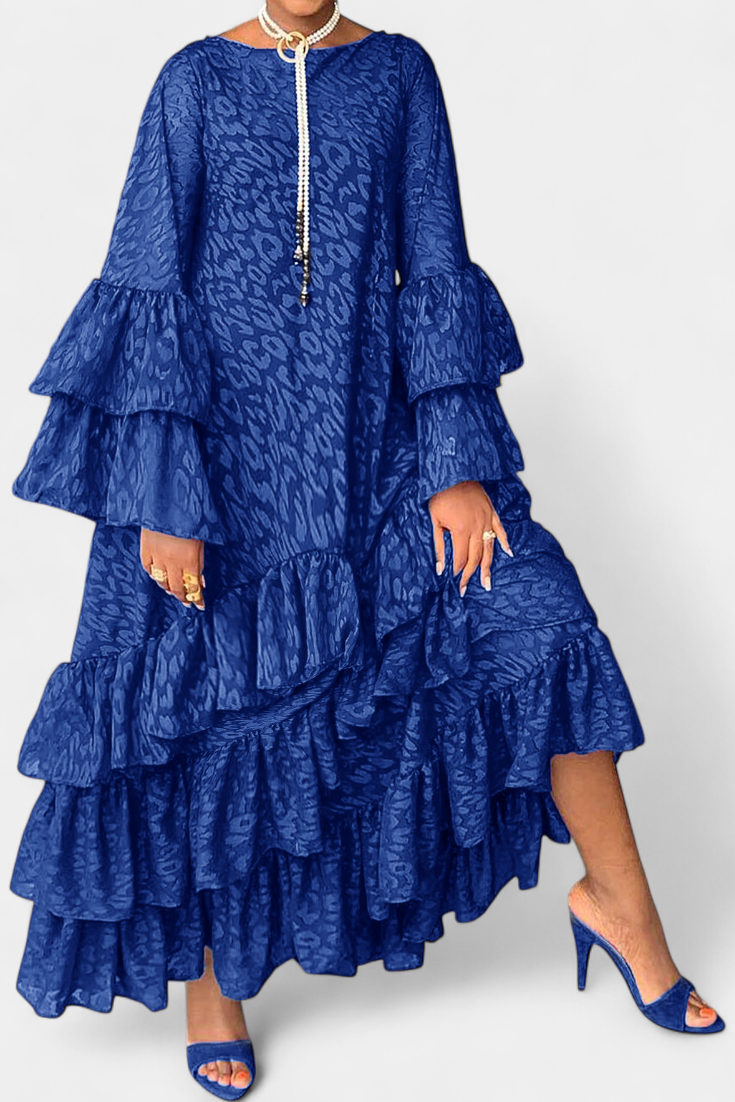Vestido Maxi Asimétrico Eliselle con Volantes y Mangas de Campana