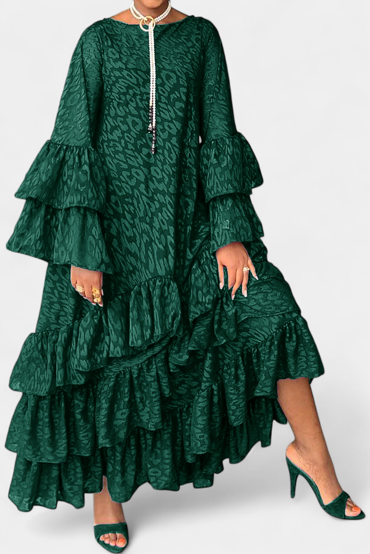 Vestido Maxi Asimétrico Eliselle con Volantes y Mangas de Campana
