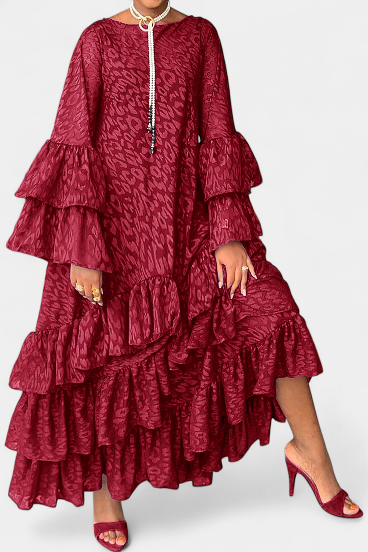Vestido Maxi Asimétrico Eliselle con Volantes y Mangas de Campana